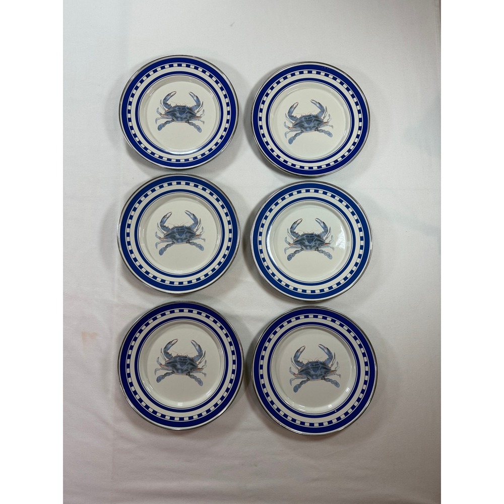 Golden Rabbit Enamelware Blue Crab Sandwich Plates Set of 6